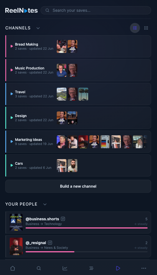 Your Channels in ReelNotes: Bread Making, Music Production, Travel, Design, Marketing Ideas, Cars