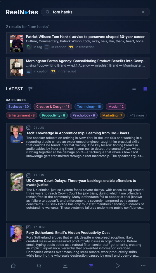 ReelNotes search across transcript, caption, channel, tag and mentions
